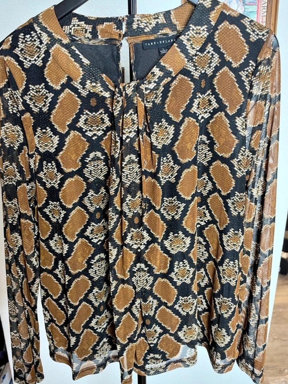 Jane + Delancey Snake Print Sheer Long Sleeve Blouse Brown & Black